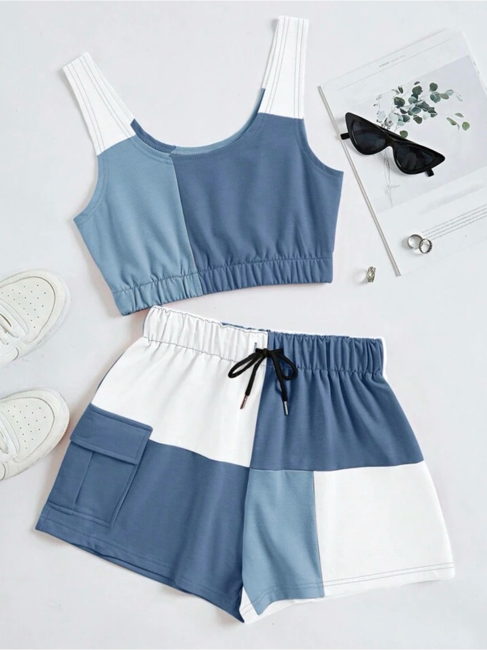 SHEIN Blue and White Two-Piece Crop Tank & Shorts Set